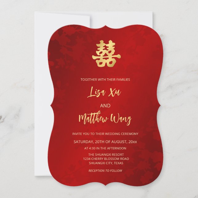 QR Code | Simple Red Gold Chinese Wedding Invitation (Front)