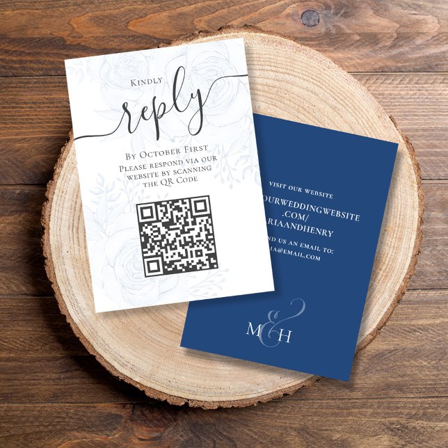 QR Code Simple RSVP Online Elegant Blue Floral  Enclosure Card (Elegant blue floral design RSVP online enclosure card with elegant blue background.)
