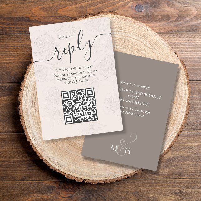QR Code Simple RSVP Online Elegant Blush Floral  Enclosure Card (Elegant QR code RSVP vertical enclosure card with blush floral background and taupe)