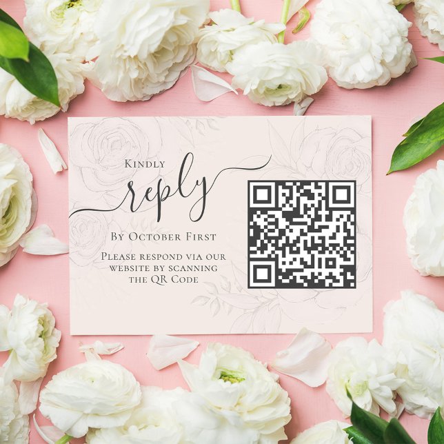 QR Code Simple RSVP Online Elegant Blush Floral  Enclosure Card (Stylish calligraphy script with simple block-style lettering and classic romantic blush. )