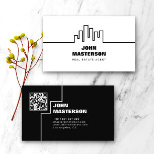QR Code Simple White & Black Real Estate Agent Business Card