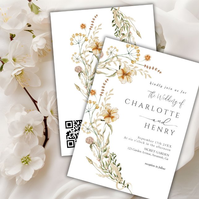 QR Code Simple Wildflowers Garden Wedding  Invitation (Creator Uploaded)
