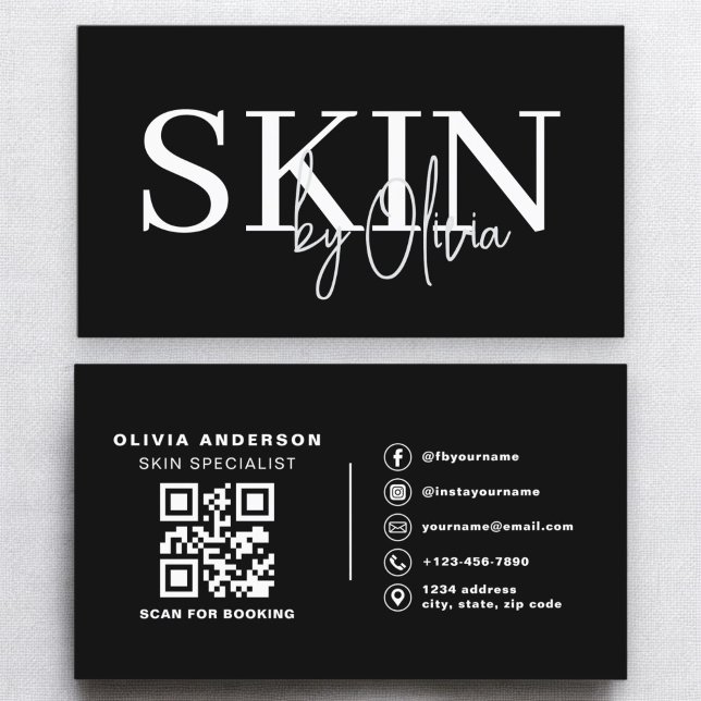 QR Code Skin Care Specialist Black White Business Card (Creator Uploaded)