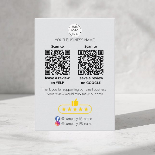 QR code small business review GOOGLE and YELP  Card (QR-code "leave a review" business card. Five stars review. Custom logo, yelp and google)