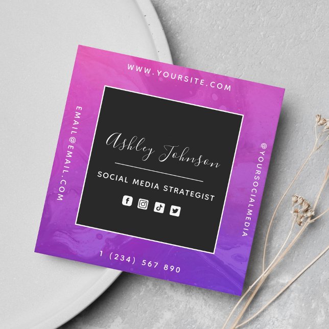 QR Code & Social Media Intense Purple Pink Ombre Square Business Card (Creator Uploaded)