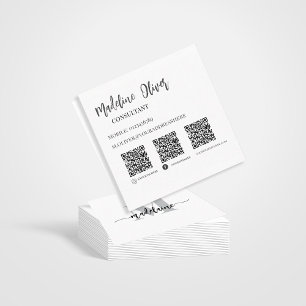 QR Code Socials Monogram Black White Elegant  Square Business Card