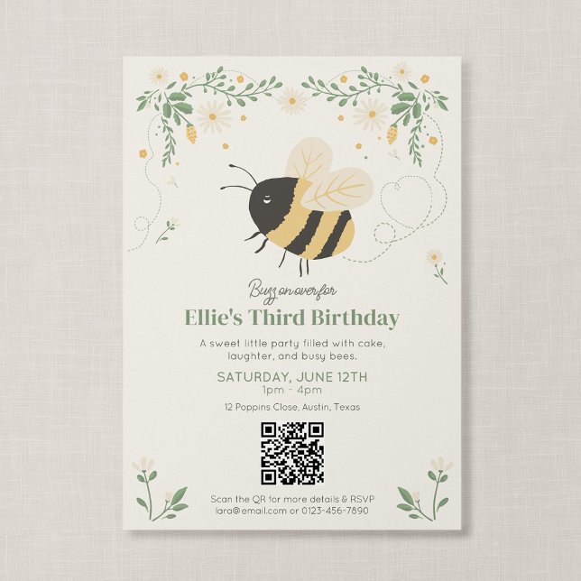 QR Code Storybook Honey Bee Kids Birthday Invitation (Wildflower Flight - Honeybee QR Code Birthday Invitation)