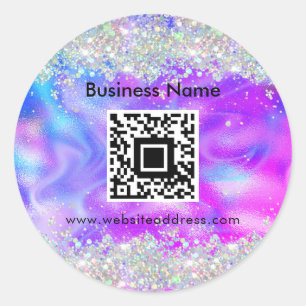 QR Code Stylish Holographic Glitter Purple Unique Classic Round Sticker