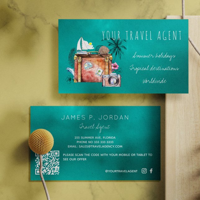 QR CODE summer holidays travel agent Business Card (Creator Uploaded)