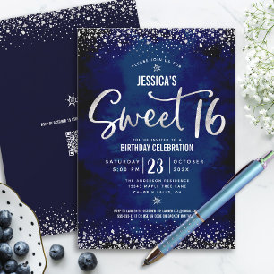 QR Code Sweet 16 Silver Script Navy Watercolor Invitation