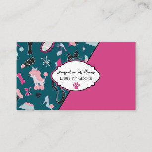 QR Code Teal Girly Mid-Century Pet Groomer Business Card