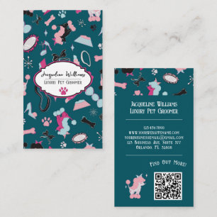 QR Code Teal Girly Mid-Century Pet Groomer III Business Card
