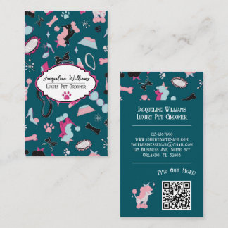 QR Code Teal Girly Mid-Century Pet Groomer III Business Card