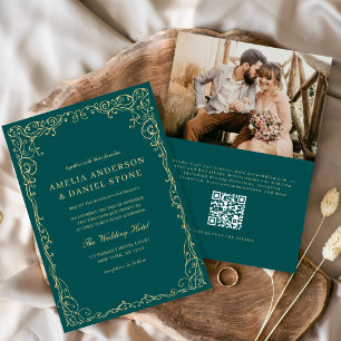QR Code Teal Green Photo Minimalist Wedding Invitation