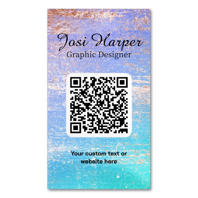 QR Code Teal Purple Gold Custom Magnetic Business Card (Front Vertical)