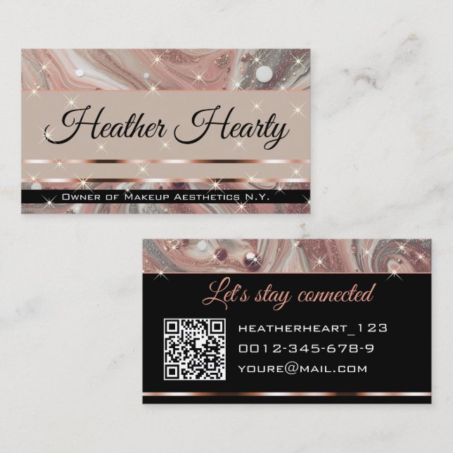 QR Code Template Luxury Marble Glitter Rose Gold Business Card (Front/Back)
