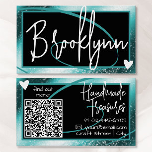 QR Code Template Stylish Teal Aqua Frame Heart  Business Card