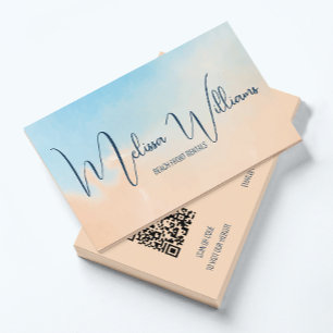 QR Code   Terracotta Blue Watercolor Background Business Card