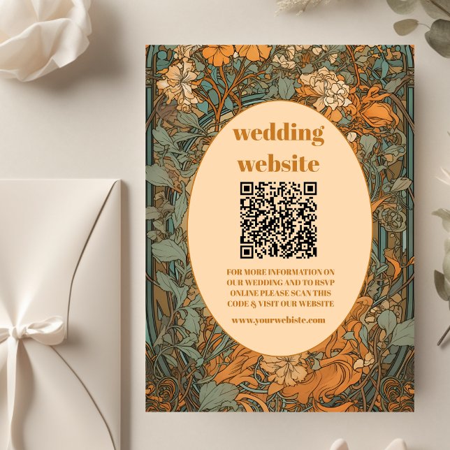 qr code Terracotta Floral Art Nouveau Wedding Enclosure Card (Creator Uploaded)