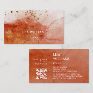 QR Code Terracotta Gold Watercolor Background Business Card