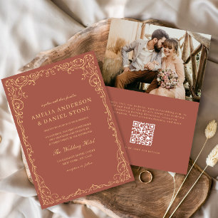 QR Code Terracotta Photo Minimalist Wedding Invitation