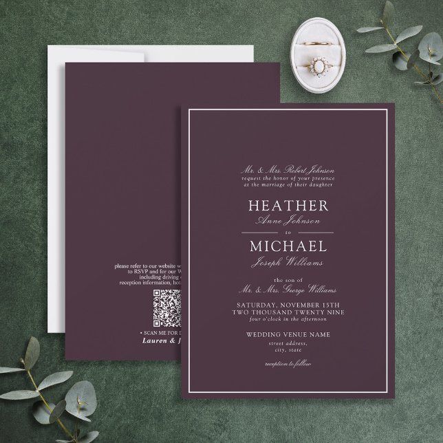 QR Code Traditional Purple Classic Script Wedding Invitation (Creator Uploaded)