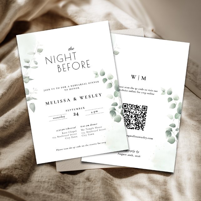 QR Code Trendy Greenery Rehearsal Wedding Invitation (Greenery eucalyptus rehearsal invitation with qr code.)