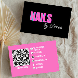 QR Code Trendy Hot Pink Minimal Nail Tech Business Card