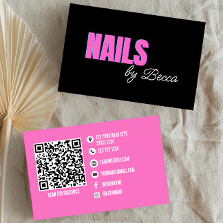 QR Code Trendy Hot Pink Minimal Nail Tech Business Card