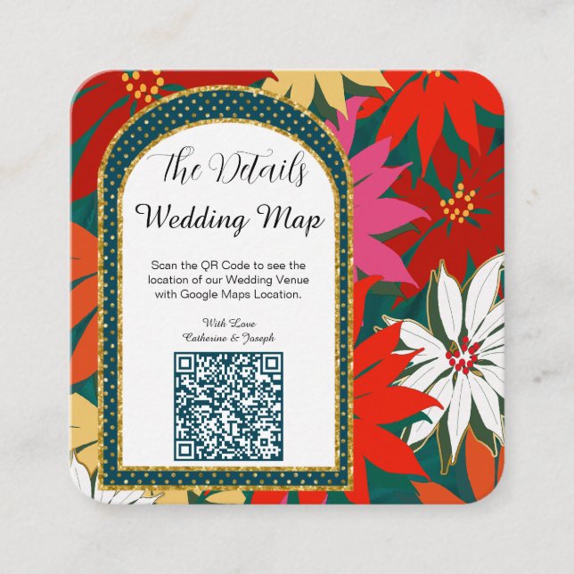 QR Code Tropical Flowers Wedding Map & The Details Square Business Card (Front)