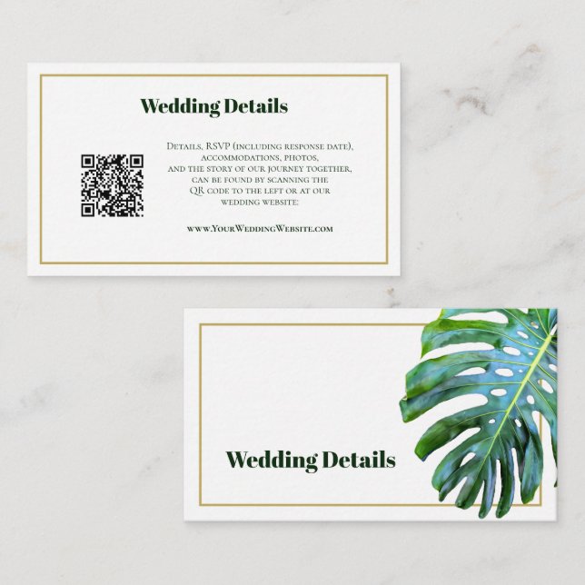 QR Code Tropical Greenery Wedding Details Modern Enclosure Card (Front/Back)