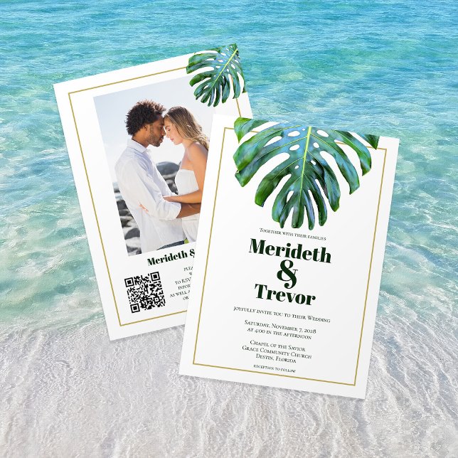 QR Code Tropical Leaves Gold Photo Modern Beach Invitation (Creator Uploaded)