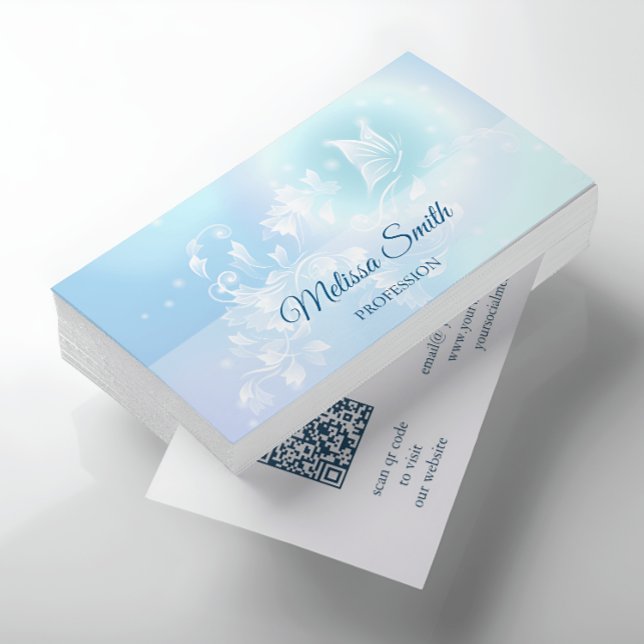 QR Code | Turquoise Blue Floral Butterfly Business Card (Creator Uploaded)