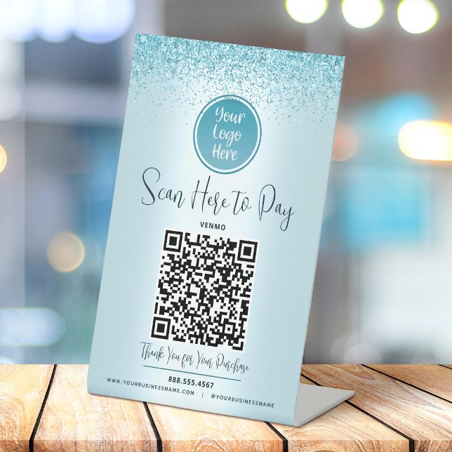 QR Code Turquoise Glitter Custom Logo Pay Here Pedestal Sign (Creator Uploaded)