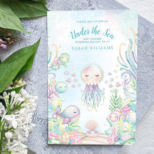 QR Code Under the Sea Blue Watercolor Baby Shower Invitation