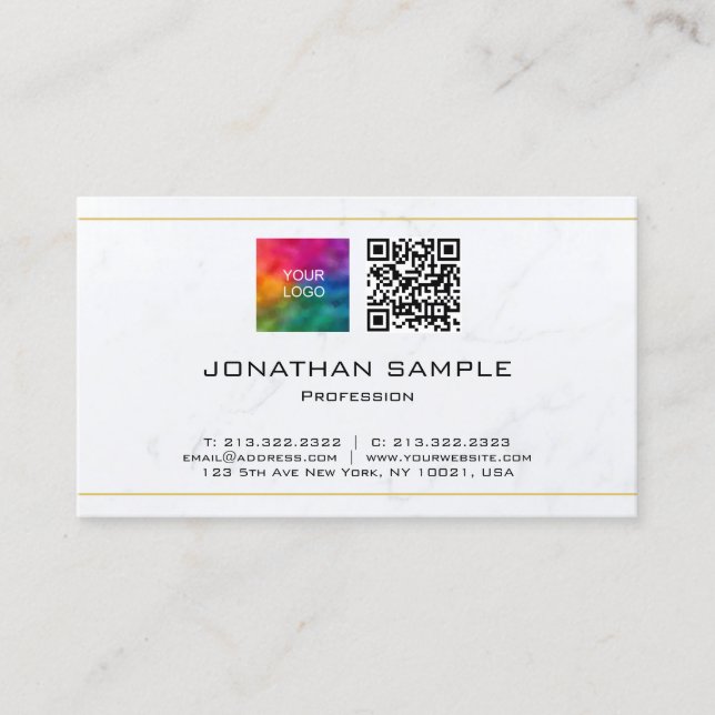 QR Code Upload Corporate Logo White Marble Gold Business Card (Front)