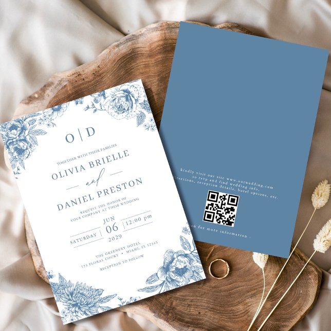 QR Code Victorian French Dusty Blue Wedding Invitation (Creator Uploaded)
