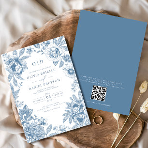 QR Code Victorian French Dusty Blue Wedding Invitation
