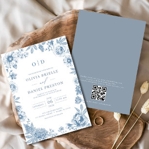 QR Code Victorian French Dusty Blue Wedding Invitation