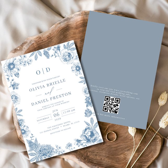 QR Code Victorian French Dusty Blue Wedding Invitation (Creator Uploaded)