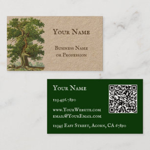 QR Code Vintage Oak Tree Custom Business Cards