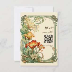 QR code Vintage Retro Art Nouveau Botanical RSVP Card