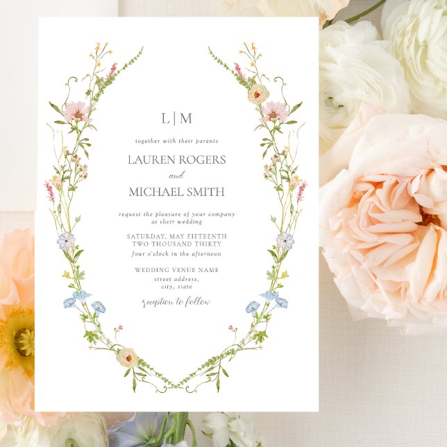 QR Code Vintage Wildflower Garden Monogram Wedding Invitation (QR Code Garden Wedding Invitation)