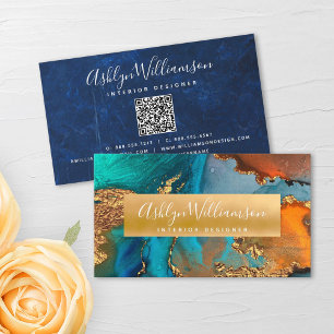 QR Code Watercolor Agate Turquoise Gold Orange Business Card
