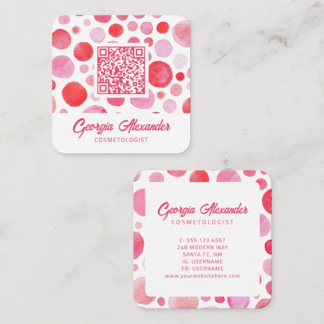 QR Code Watercolor Cosmetologist Beauty Square Business Card (Front/Back)