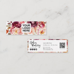 QR Code Watercolor Floral Burgundy Autumn Mini Business Card