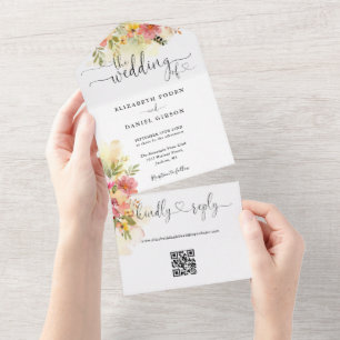QR Code Watercolor Floral Hearts Script Wedding All In One Invitation