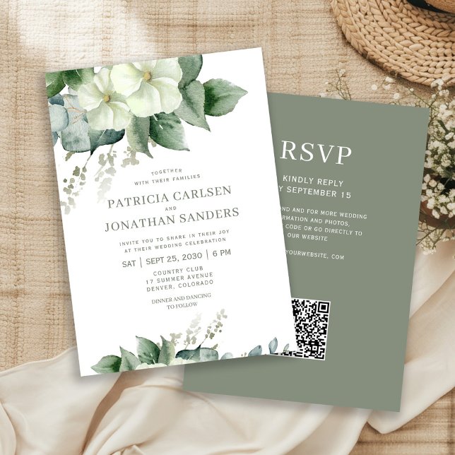 QR code watercolor floral rustic elegant wedding Invitation (Creator Uploaded)