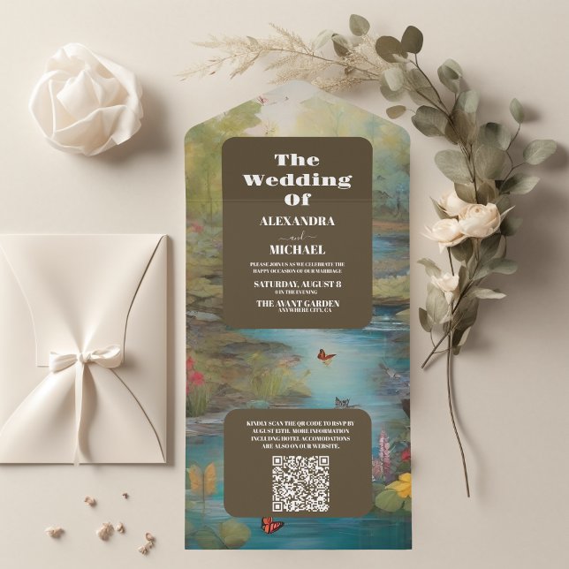 QR Code Watercolor Floral Spring Mountains Wedding All In One Invitation (Creator Uploaded)