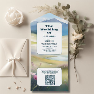 QR Code Watercolor Mountains Pine Forest Wedding All In One Invitation